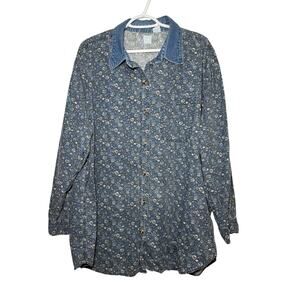 Mystic Blues floral cotton button down denim shirt womens 20W‎ vintage retro